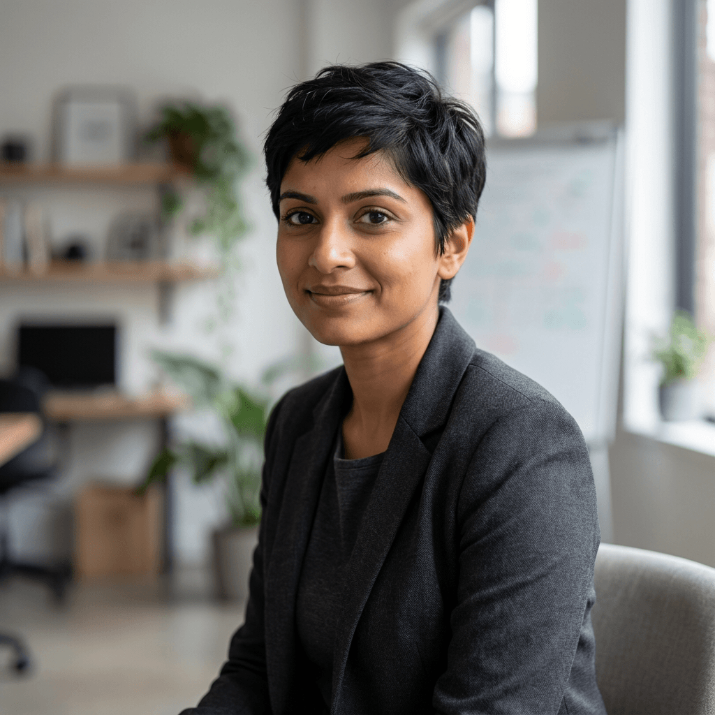 Priya Patel, female dental clinic owner in her early 40s, professional appearance
