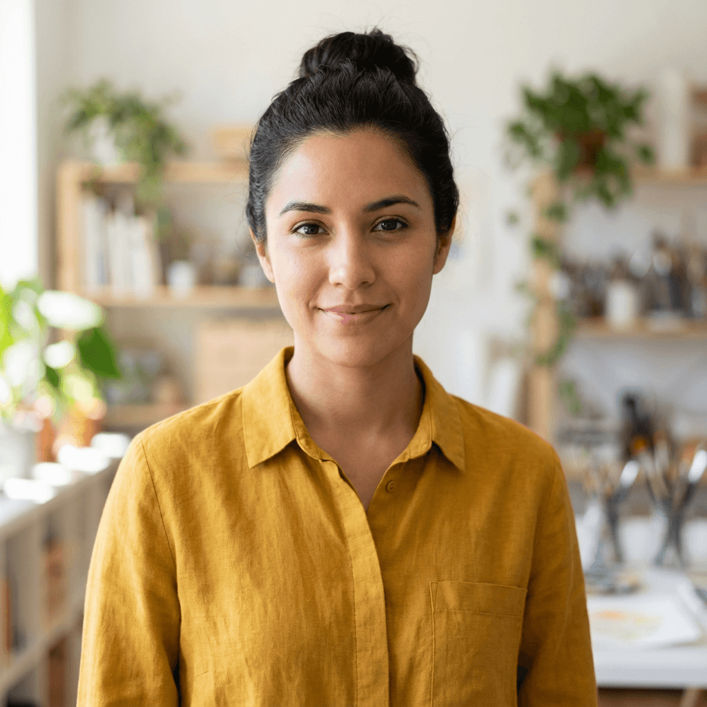 Emily Rodriguez, female design studio founder in her late 30s, professional appearance