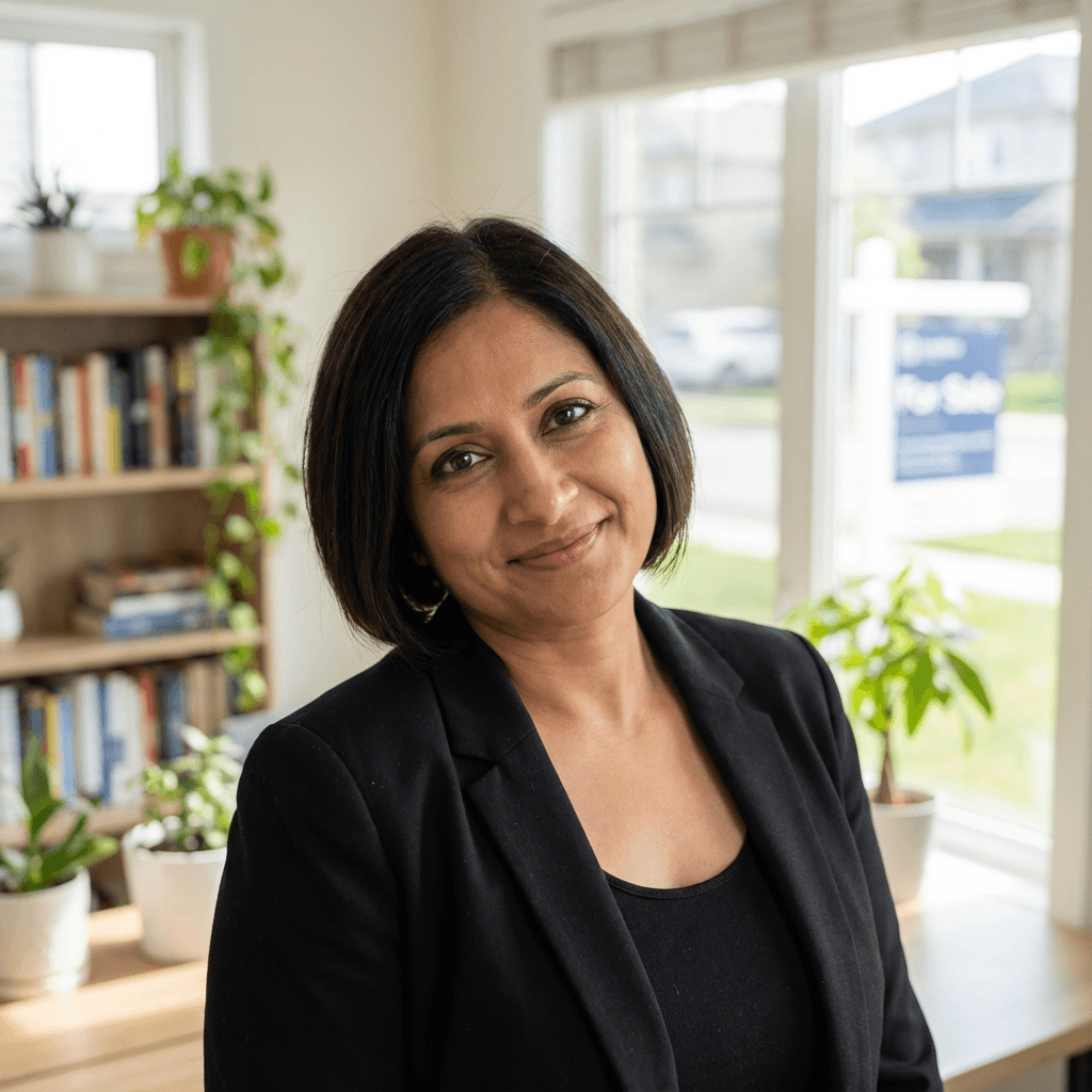 Sarah Mitchell, female small business owner in her early 40s, professional appearance