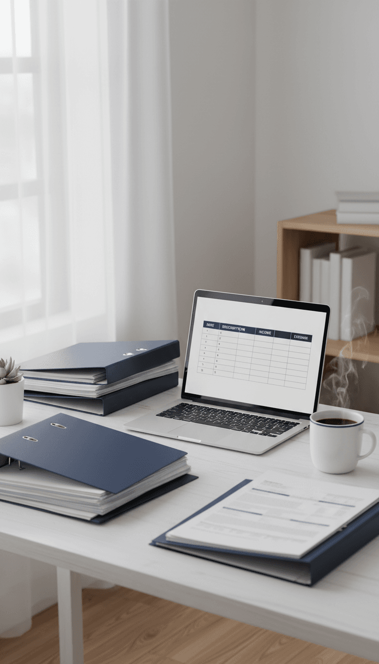 Organized desk with financial documents and a laptop