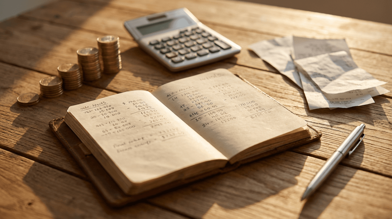 Minimalist flat icon of a white calculator with blue keys and a small ledger page, centered on a transparent background, simple professional line style, navy and white only
