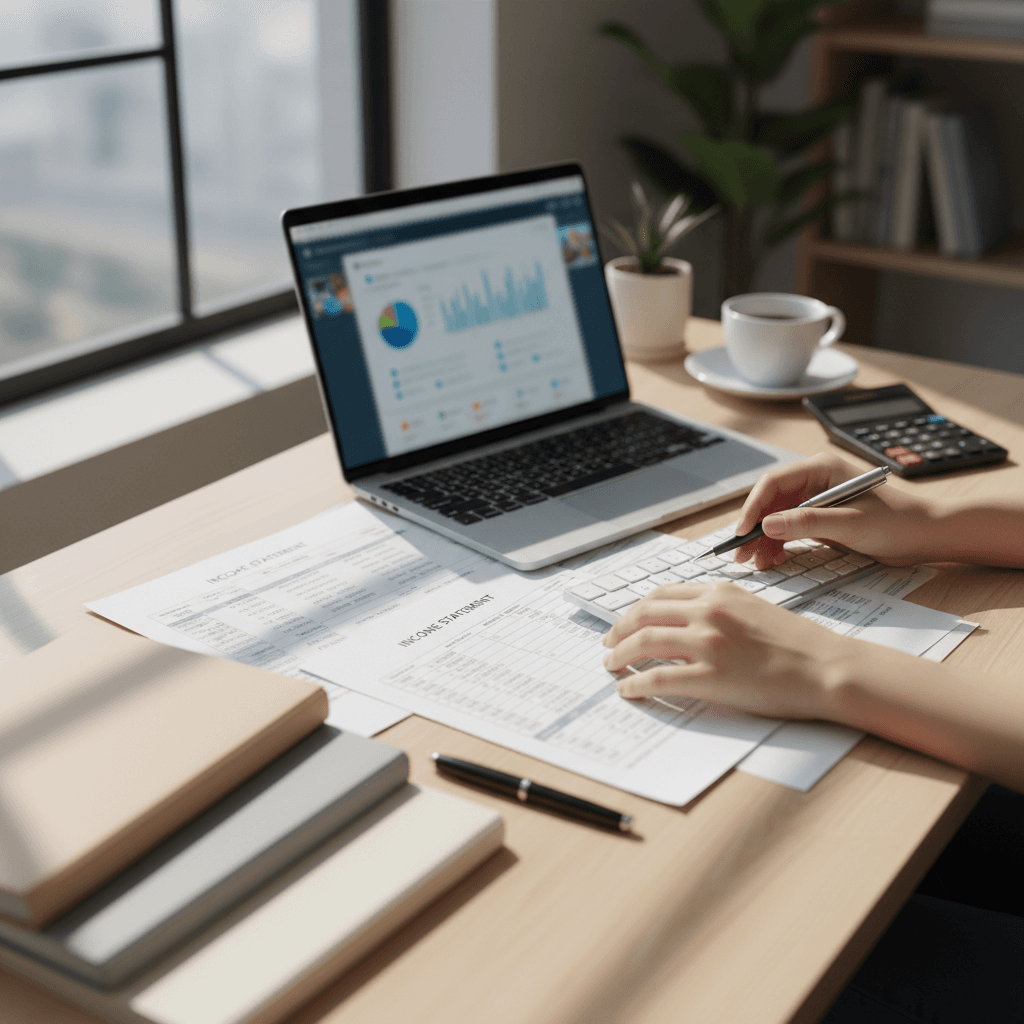 Professional bookkeeper at a tidy London Ontario office desk reviewing ledgers and a laptop with organized financial statements, navy and white palette, natural window light, photorealistic