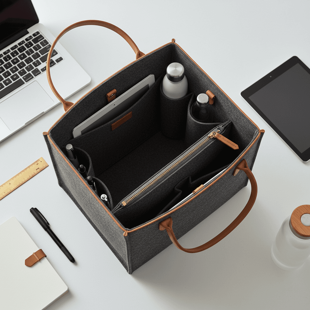 Minimalist flat briefcase icon in navy blue and white, simple professional line style, centered on a transparent background
