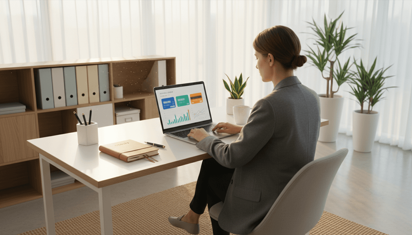Organized desk with a laptop showing a financial dashboard next to a notebook with handwritten notes